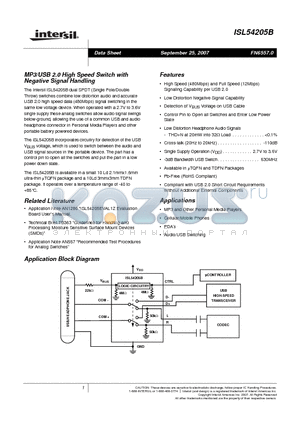 ISL54205BIRTZ-T datasheet - MP3/USB 2.0 High Speed Switch with Negative Signal Handling
