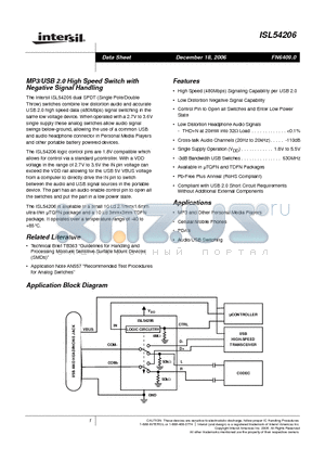 ISL54206IRZ datasheet - MP3/USB 2.0 High Speed Switch with Negative Signal Handling