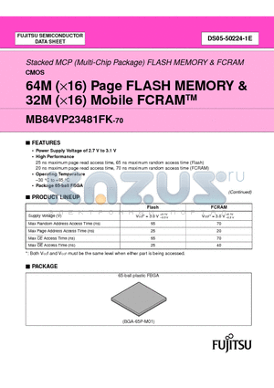 MB84VP23481FK-70 datasheet - 64M (X16) Page FLASH MEMORY & 32M (X16) Mobile FCRAMTM