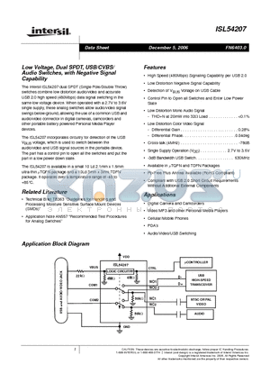 ISL54207IRZ datasheet - Low Voltage, Dual SPDT, USB/CVBS/ Audio Switches, with Negative Signal Capability