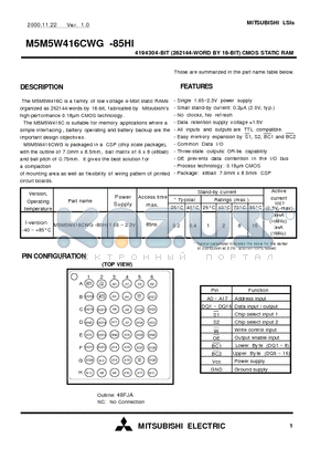 M5M5W416CWG-85HI datasheet - 4194304-BIT (262144-WORD BY 16-BIT) CMOS STATIC RAM