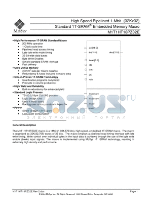 M1T1HT18PZ32E datasheet - High Speed Pipelined 1-Mbit (32Kx32) Standard 1T-SRAM Embedded Memory Macro