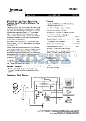 ISL54211IRUZ-T datasheet - MP3/USB 2.0 High Speed Switch with Negative Signal Handling/Click and Pop Suppression