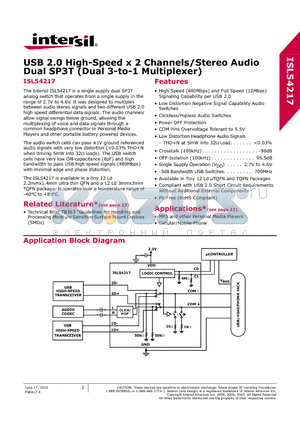 ISL54217IRUZ-T datasheet - USB 2.0 High-Speed x 2 Channels/Stereo Audio Dual SP3T Dual 3-to-1 Multiplexer