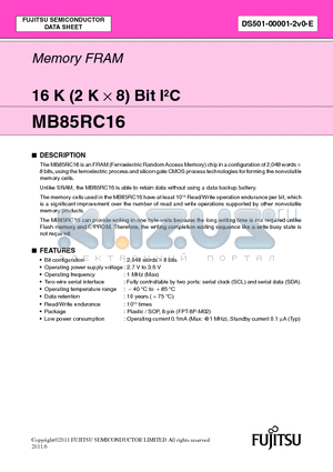 MB85RC16PNF-G-JNERE1 datasheet - Memory FRAM 16 K (2 K x 8) Bit I2C