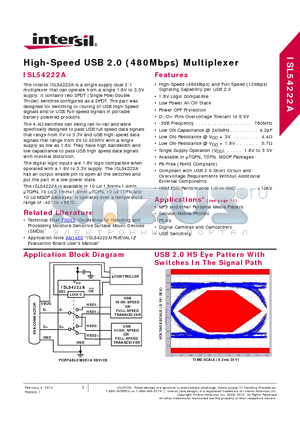 ISL54222A datasheet - High-Speed USB 2.0 (480Mbps) Multiplexer