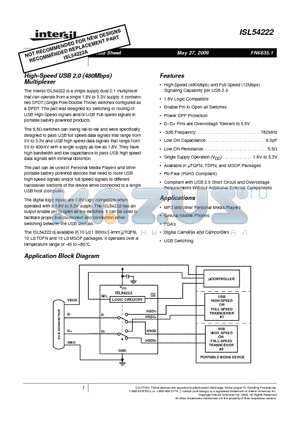ISL54222IRTZ-T datasheet - High-Speed USB 2.0 (480Mbps) Multiplexer