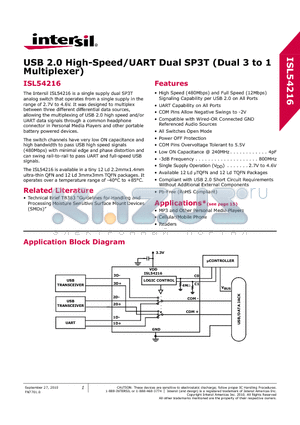 ISL54216 datasheet - USB 2.0 High-Speed/UART Dual SP3T (Dual 3 to 1 Multiplexer)