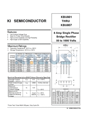 KBU802 datasheet - 8 Amp Single Phase Bridge Rectifier 50 to 1000 Volts