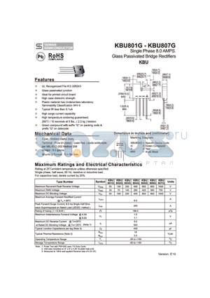 KBU802G datasheet - Single Phase 8.0 AMPS. Glass Passivated Bridge Rectifiers