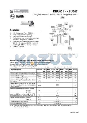 KBU803 datasheet - Single Phase 8.0 AMPS. Silicon Bridge Rectifiers