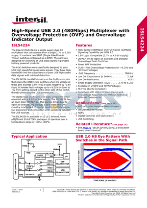 ISL54224IRTZ datasheet - High-Speed USB 2.0 (480Mbps) Multiplexer with Overvoltage Protection (OVP) and Overvoltage Indicator Output