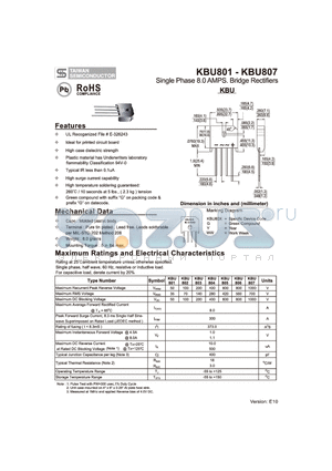 KBU803 datasheet - Single Phase 8.0 AMPS. Bridge Rectifiers