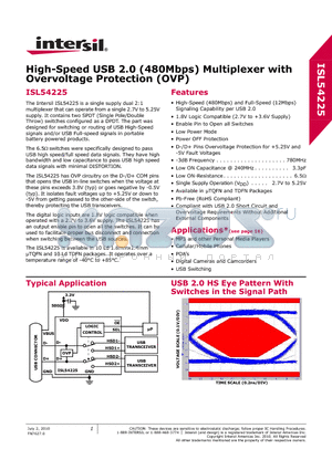 ISL54225IRUZ-T datasheet - High-Speed USB 2.0 (480Mbps) Multiplexer with Overvoltage Protection (OVP)