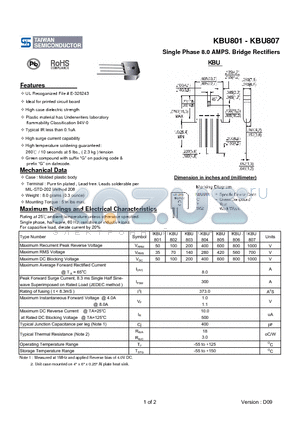 KBU806 datasheet - Single Phase 8.0 AMPS. Bridge Rectifiers