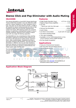 ISL54406IRUZ-T datasheet - Stereo Click and Pop Eliminator with Audio Muting