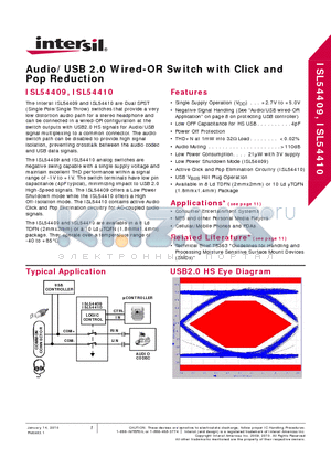 ISL54409IRUZ-T datasheet - Audio/USB 2.0 Wired-OR Switch with Click and Pop Reduction