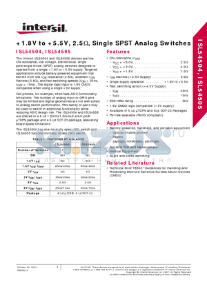 ISL54504IRUZ-T datasheet - 1.8V to 5.5V, 2.5OHM, Single SPST Analog Switches
