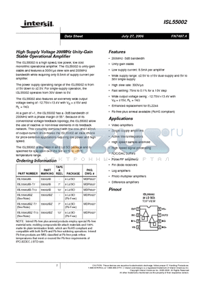 ISL55002 datasheet - High Supply Voltage 200MHz Unity-Gain Stable Operational Amplifier