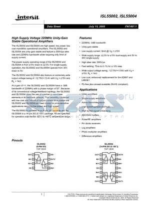 ISL55002IB datasheet - High Supply Voltage 220MHz Unity-Gain Stable Operational Amplifiers