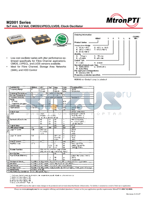 M200113TPN datasheet - M2001 Series 5x7 mm, 3.3 Volt, CMOS/LVPECL/LVDS, Clock Oscillator