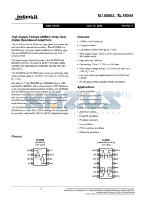 ISL55002IBZ-T13 datasheet - High Supply Voltage 220MHz Unity-Gain Stable Operational Amplifiers