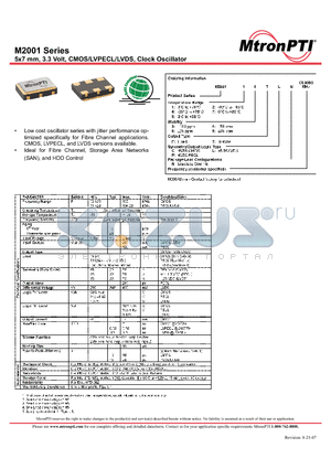 M200114TPN datasheet - M2001 Series 5x7 mm, 3.3 Volt, CMOS/LVPECL/LVDS, Clock Oscillator