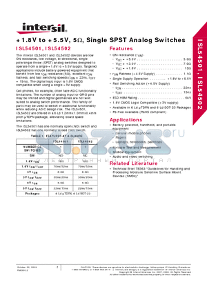 ISL54502IHZ-T datasheet - 1.8V to 5.5V, 5OHM, Single SPST Analog Switches