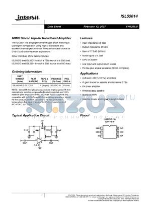 ISL55014IEZ-T7 datasheet - MMIC Silicon Bipolar Broadband Amplifier