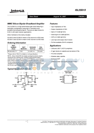 ISL55015IEZ-T7 datasheet - MMIC Silicon Bipolar Broadband Amplifier