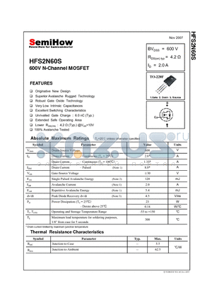 HFS2N60S datasheet - 600V N-Channel MOSFET