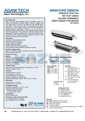 MR14SA1 datasheet - MINIATURE RIBBON STRAIGHT PCB TAIL IDC FLAT CABLE SOLDER TERMINALS RIGHT ANGLE PCB MOUNT