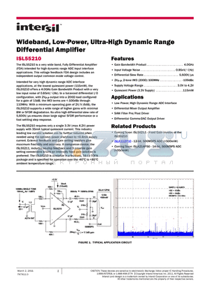 ISL55210IRTZ-T7 datasheet - Wideband, Low-Power, Ultra-High Dynamic Range Differential Amplifier