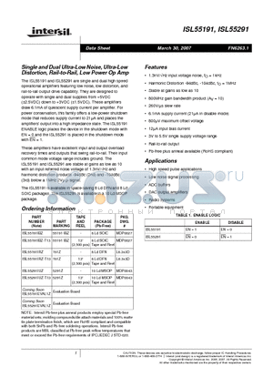 ISL55291IUZ datasheet - Single and Dual Ultra-Low Noise, Ultra-Low Distortion, Rail-to-Rail, Low Power Op Amp