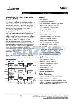 ISL5585GCM datasheet - 3.3V Ringing SLIC Family for Voice Over Broadband (VOB)