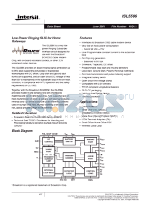 ISL5586FCM datasheet - Low Power Ringing SLIC for Home Gateways