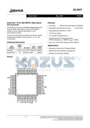 ISL5627 datasheet - Dual 8-bit, 3.3V, 260MSPS, High Speed D/A Converter