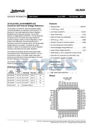 ISL5640 datasheet - 3V Dual 8-Bit, 20/40/60MSPS A/D Converter with Internal Voltage Reference