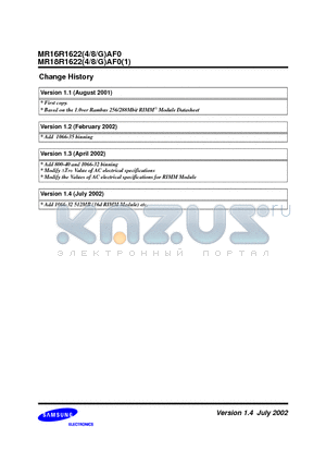 MR18R1622AF0-CK8 datasheet - (16Mx16)x2(4/8/16)pcs RIMM Module based on 256Mb A-die, 32s banks,16K/32ms Ref, 2.5V