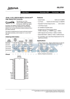 ISL57612IB datasheet - 10-bit, 3.3V, 130/210MSPS, CommLink TM High Speed D/A Converter