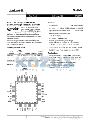ISL5829EVAL1 datasheet - Dual 12-bit, 3.3V, 130/210MSPS, CommLink TM High Speed D/A Converter