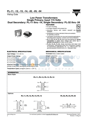 PL-14 datasheet - Low Power Transformers Single Primary, Input 115 Volts Dual Secondary: PL-11 thru -14, Single Secondary: PL-32 thru -34