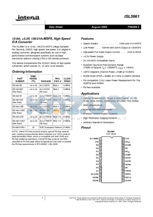 ISL5861 datasheet - 12-bit, 3.3V, 130/210MSPS, High Speed D/A Converter