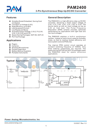 PAM2400AAA270 datasheet - 3-Pin Synchronous Step-Up DC/DC Converter