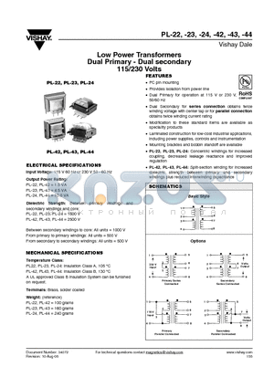 PL-2201AB datasheet - Low Power Transformers Dual Primary - Dual secondary 115/230 Volts