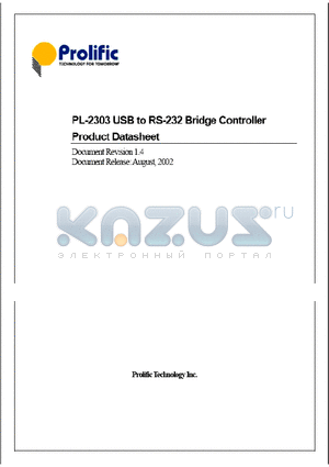 PL-2303 datasheet - PL-2303 USB to RS-232 Bridge Controller Product Datasheet