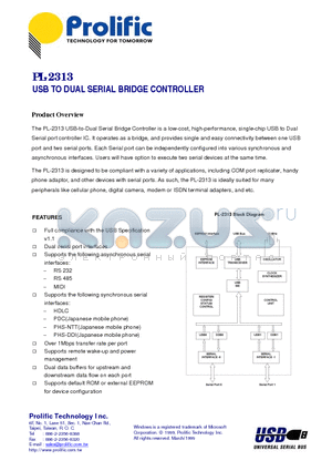 PL-2313 datasheet - USB TO DUAL SERIAL BRIDGE CONTROLLER