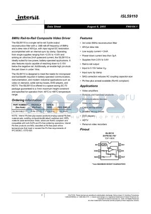 ISL59110IEZ-T7 datasheet - 8MHz Rail-to-Rail Composite Video Driver