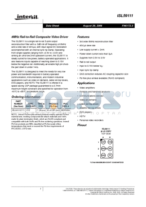 ISL59111IZ-T7 datasheet - 8MHz Rail-to-Rail Composite Video Driver