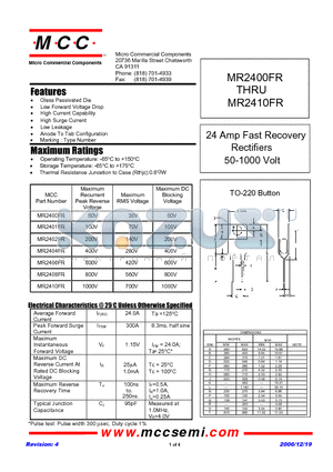 MR2408FR datasheet - 24 Amp Fast Recovery Rectifiers 50-1000 Volt